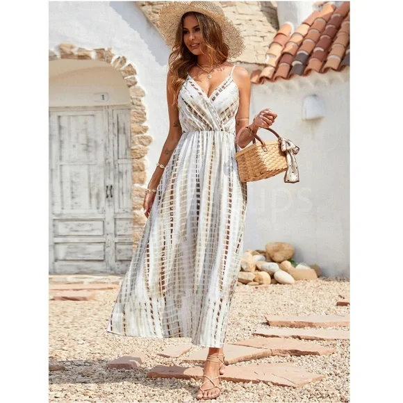 Tie Dye White Beige Tan V-Neck Cami Dress Maxi Flared Long Surplice Overlapping - Picture 6 of 10